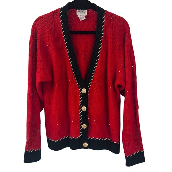 Vintage PBJ Sport Red Holiday Cardigan Green Trim Gold Accents Buttons Medium - Picture 1 of 7